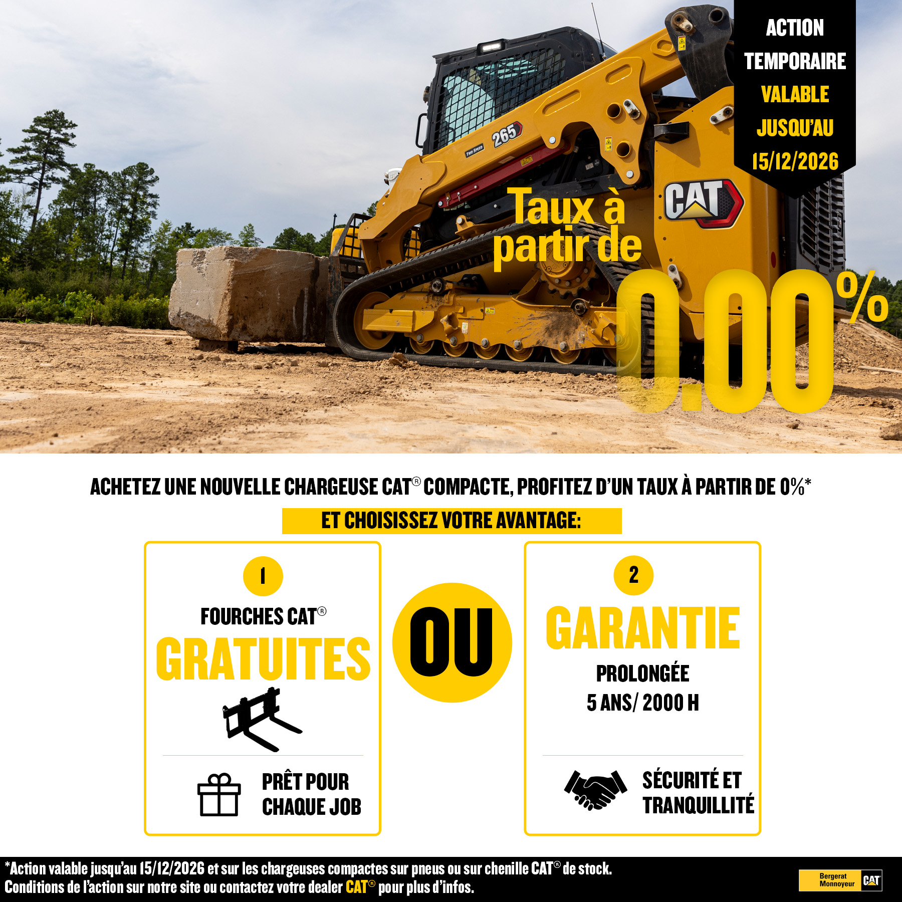 Offre chargeuses compactes sur chenilles et à direction différentielle CAT® : leasing à partir de 0 %, fourches CAT® gratuites ou garantie prolongée 5 ans / 2000 h